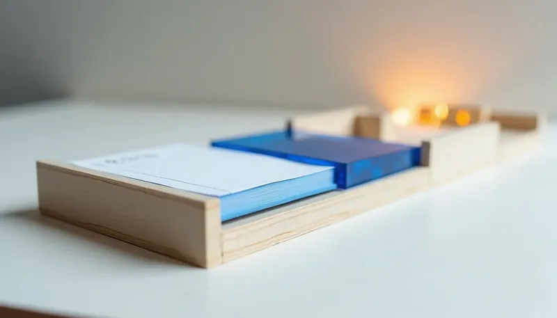 A miniature desk with a limited card tray and a ledger wheel that decides which cards stay, built in glowing blue acrylic, showing how a context window is a budget to manage, not a well to fill.