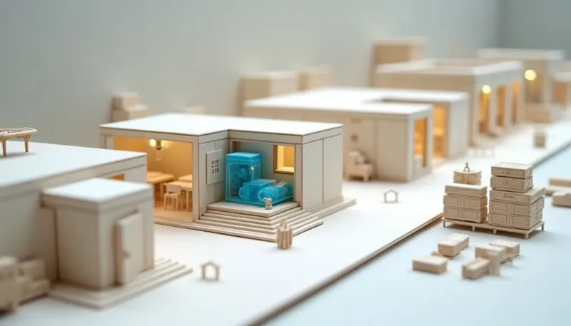A miniature assembly line shortened at one end with stacked-aside stations, the remaining stations' glowing blue gearwork intact, showing scope cut without cutting engineering.