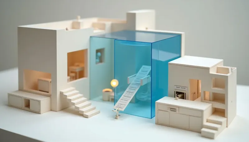 A miniature hospital records bench punching out paper name tags before a folder slides down a glowing blue chute, showing where clinical AI de-identification gets real.