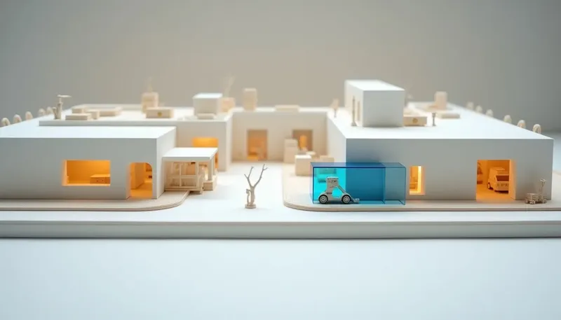 A miniature conveyor line with a glowing blue inspection platform placed mid-line rather than at the end, showing human review built in as a feature, not an apology.