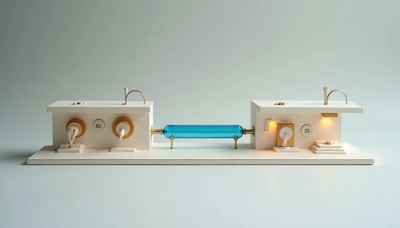A miniature pneumatic tube between two terminals with a stopwatch timing the capsule's travel, the tube in glowing blue acrylic, showing that in voice AI the gap between question and answer is the product.