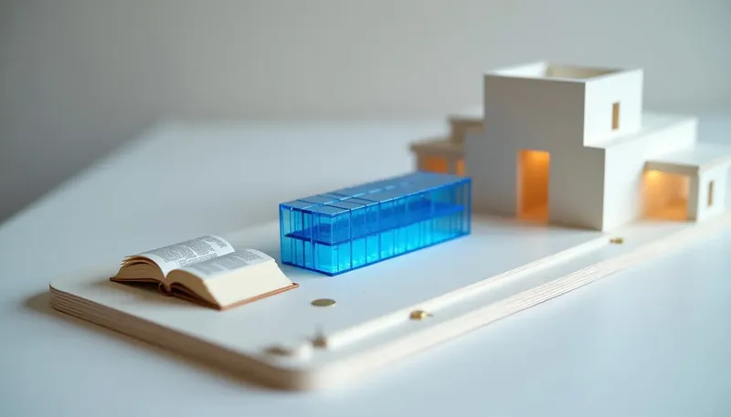 A miniature insurance office with an open rulebook feeding a numbered sorting gate that routes claims in glowing blue acrylic, showing the best AI target is a process with a rulebook already written.
