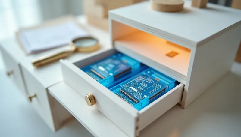 A miniature diligence table with a magnifying loupe over an open drawer of circuit boards and code reels in glowing blue acrylic, showing investors now inspect the engineering itself, not just the numbers.