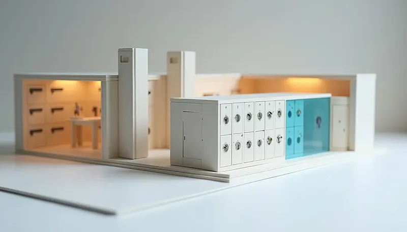 A miniature legal archive with a rotating carousel routing case files to lawyer pigeonholes, in glowing blue acrylic, next to a locked untouched cabinet, showing AI that routes cases but does not price them.