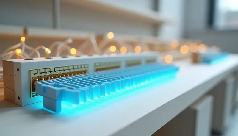 A miniature patch bay swapping tangled custom cables for one row of identical plugs on a universal rail in glowing blue acrylic, showing MCP turning many custom integrations into one shared connector.