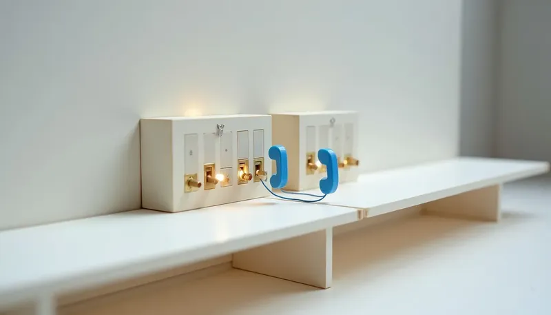 A miniature switchboard with an unanswered ringing jack, while a mechanical arm from a rival board reaches over to catch the same call cord, the arm in glowing blue acrylic, showing missed calls going elsewhere.