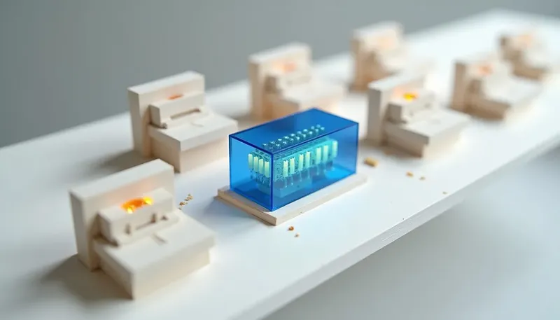 A miniature layout of five branch switchboards all wired into one raised central relay hub, the hub in glowing blue acrylic, showing many locations sharing a single phone brain instead of five separate ones.
