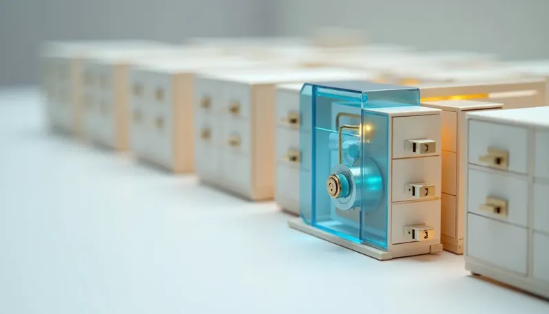 A miniature row of separately locked filing cabinets with steel dividers, one lock's tumbler pins wired to a verification gauge in glowing blue acrylic, showing isolation between tenants that can be proven, not assumed.