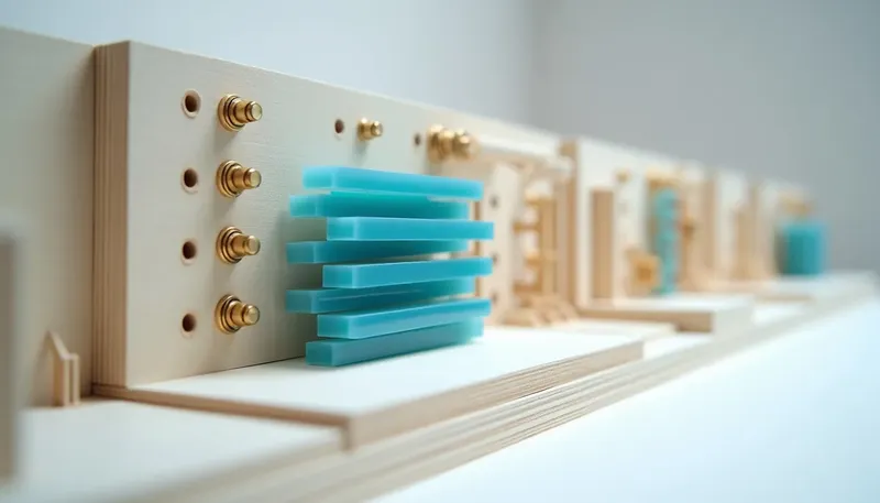A miniature modular pipe-rack automation board with a spare backup rack standing ready beside it, junction blocks in glowing blue acrylic, showing a workflow tool that needs version control like real code.