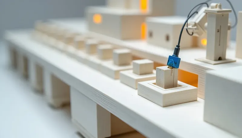 A miniature test rig with a glowing blue arm running fixed sample blocks past swinging gauge needles, showing why an agent without evals is not an agent.