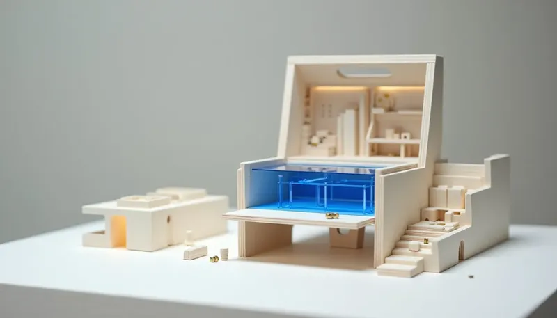 A miniature prefabricated toolbox with compartments too small for the larger parts piling up outside it, the overflow parts in glowing blue acrylic, showing an off-the-shelf tool a business has outgrown.