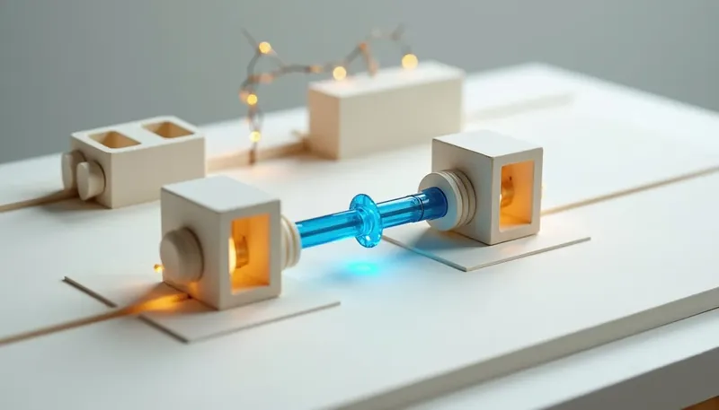 A miniature bench with two similar socket housings bridged by one shared connector rail in glowing blue acrylic, showing the real question is how easily you can move between them later.