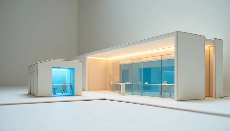 A miniature dispatch desk with one glowing blue narrow tube for a fixed task beside an empty wide booth with no tube, showing outbound AI calls working only on narrow jobs.