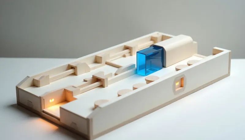 A miniature branching five-gate maze beside a single open funnel that sorts the same marble directly, the funnel in glowing blue acrylic, showing a conversation replacing a forced menu of choices.