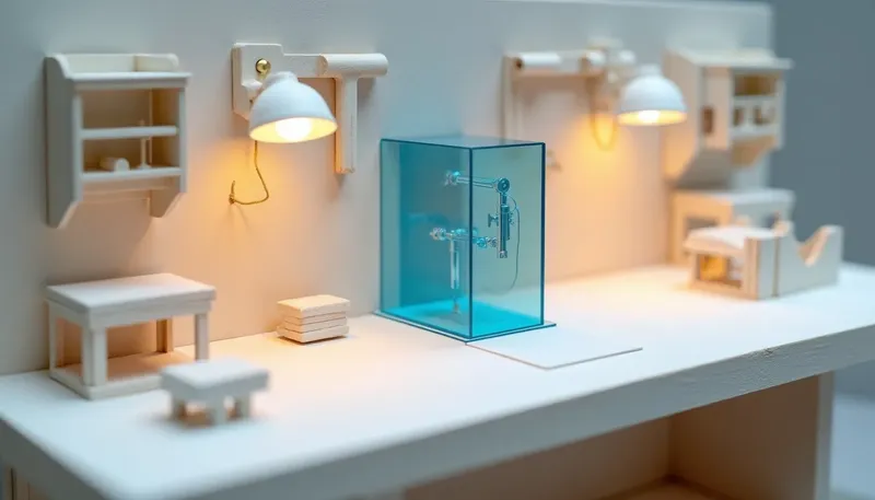 A miniature tool rack of plain standard tools beside one experimental mechanism getting all the bench's attention, the mechanism in glowing blue acrylic, showing where the real novelty budget should go.