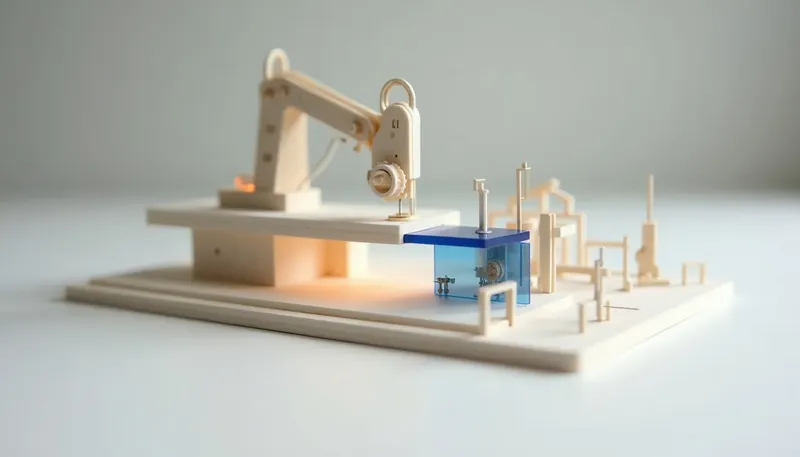 A miniature bench with a fixed repeating cam mechanism beside an articulated arm that changes its motion based on a decision dial, the dial in glowing blue acrylic, showing recorded clicks against real judgment.
