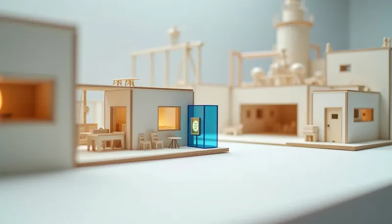 A miniature site model with a tank gauge wired to a glowing blue routing box dispatching a repair ticket, showing sensors alone doing nothing until a system routes the alert.