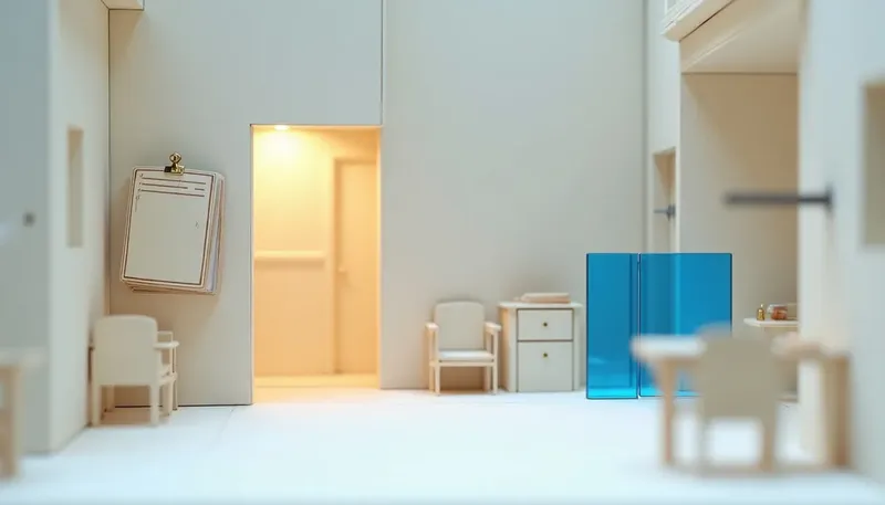 A miniature dusty binder on a hook beside a glowing blue locking sequence bar that enforces steps, showing SOPs nobody reads versus a standard that is actually enforced.