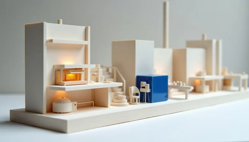 A miniature embossing mold with matching receiving-tray slots, the glowing blue mold shaping every part to fit, showing structured output as the contract between model and product.