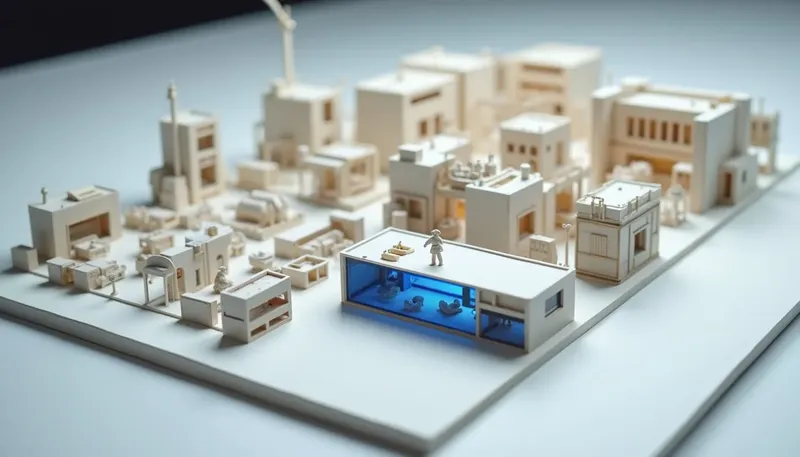A miniature machine split into labeled sections, each handled at its own dedicated workstation instead of one overloaded bench, the trays in glowing blue acrylic, showing a big job split to stay reliable.