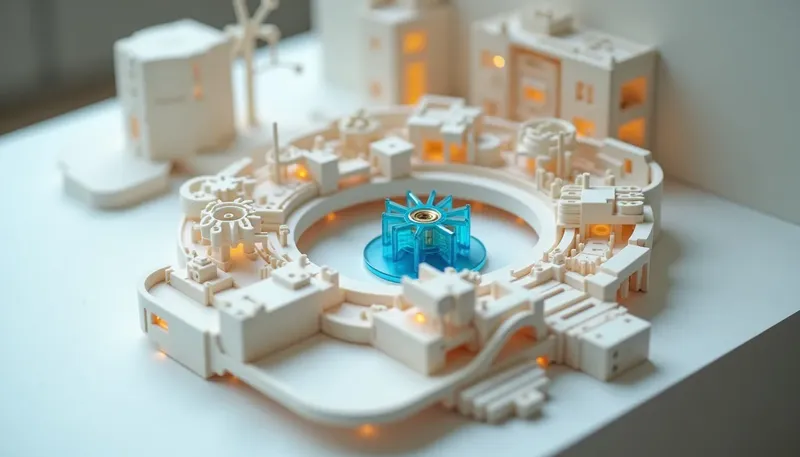 A miniature small decision loop dwarfed by a wide ring of retry levers, catch trays and alarm bells built around it, the loop in glowing blue acrylic, showing the loop is small and the handling around it is not.