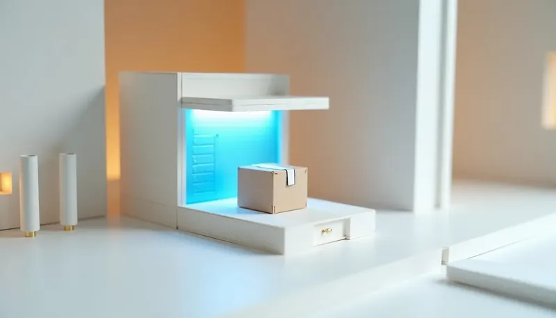A miniature submission counter where a parcel is blocked by an inspection gate until every checklist notch lines up, the gate in glowing blue acrylic, showing a review standard met before any investor looks.