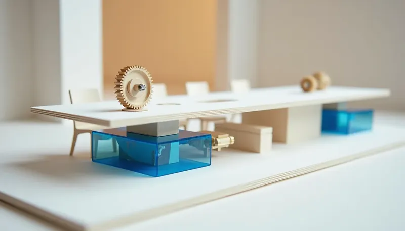 A miniature boardroom table with one disconnected showpiece gear beside a glowing blue gear properly meshed into a working train, showing a system, not a demo.