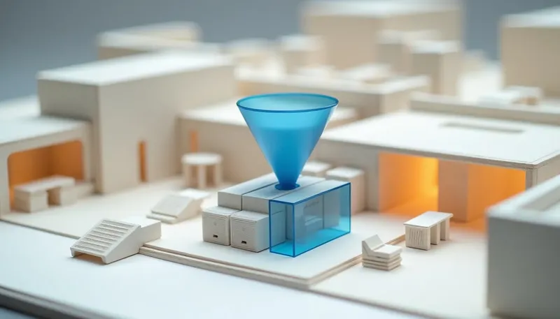 A miniature office with three mismatched carbon-copy ledger trays feeding one reconciling funnel that merges them into a clean sheet, the funnel in glowing blue acrylic, showing a backlog made of duplicate files.