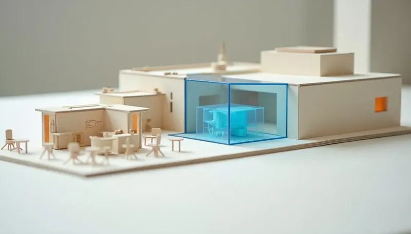 A miniature front desk switchboard splitting one incoming call into a question slot, a calendar wheel and a department chute, the routing box in glowing blue acrylic, showing reception as intake and routing, not just answering.