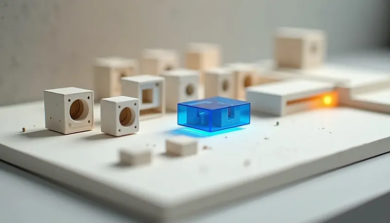 A miniature bench with three interchangeable speaker-terminal housings wired into one larger central mechanism, the mechanism in glowing blue acrylic, showing the terminal choice as the smallest decision in the build.