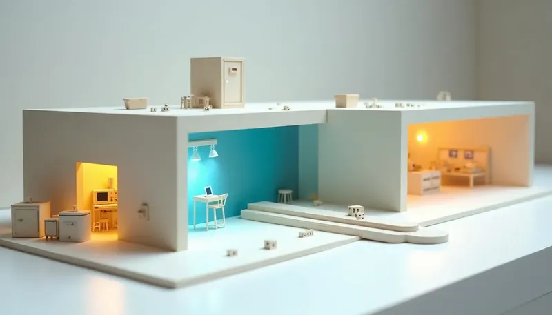 A miniature workshop with a speaker terminal near a running impact tool that rattles number tiles and letter blocks nearby, the terminal in glowing blue acrylic, showing a demo call is quiet and a real one is not.