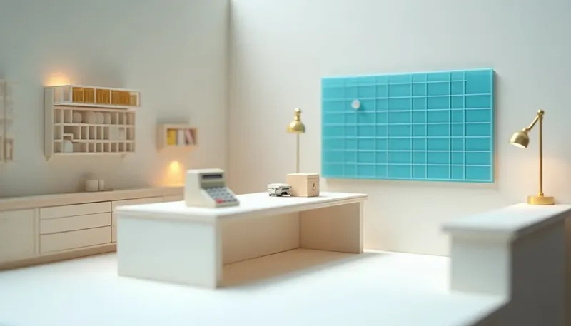 A miniature bench with a call-tally counter beside a calendar where a mechanical arm pins an actual booking into a dated slot, the calendar mechanism in glowing blue acrylic, showing bookings as the real measure.