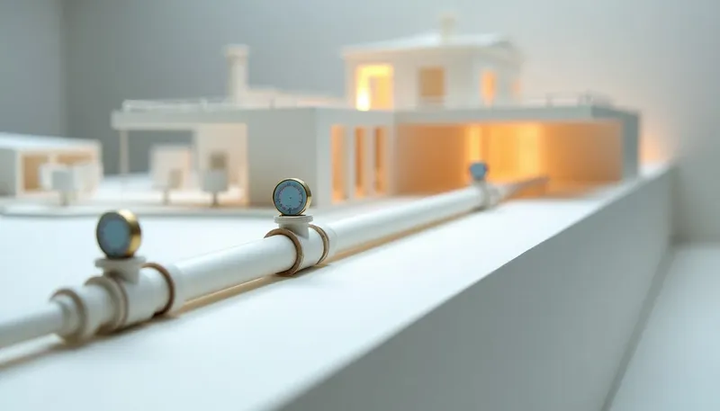A miniature pipe run with a silently disconnected joint feeding an empty tray, beside a matching joint fitted with a pressure gauge and warning flag in glowing blue acrylic, showing a break designed to be noticed.