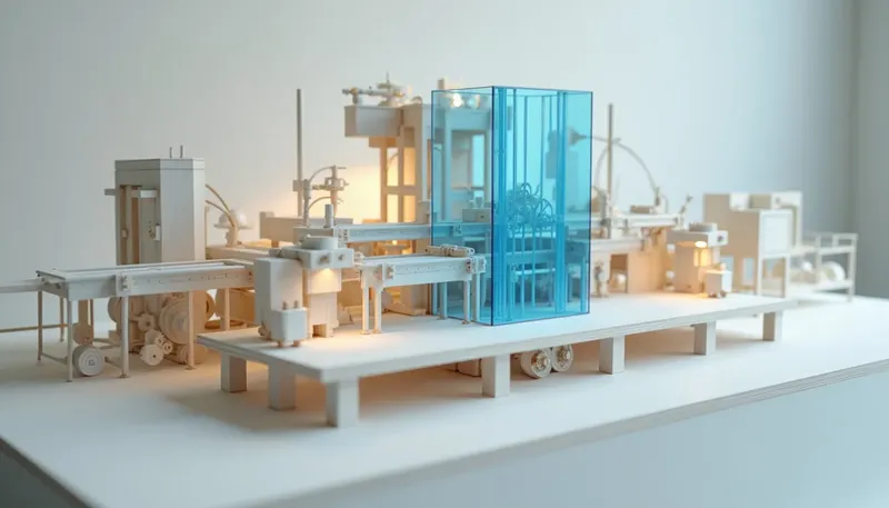 A miniature workbench dominated by a large multi-station rig of gears and conveyors, with one small instruction card tucked in a corner, the rig in glowing blue acrylic, showing the prompt as the smallest file in the build.