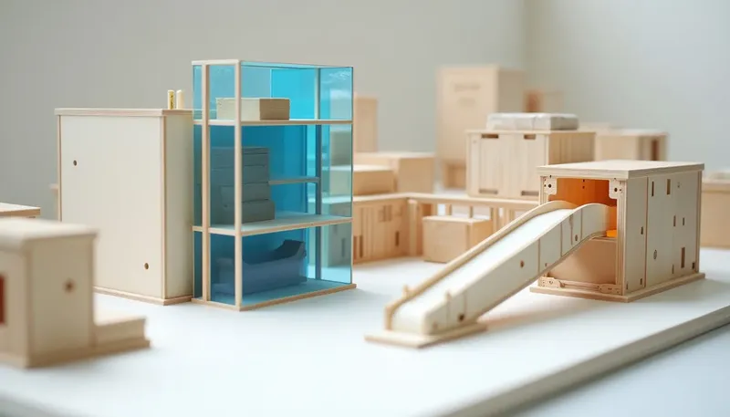 A miniature overflowing single-lane chute beside a taller glowing blue modular rack with room to expand, showing outgrowing Zapier, not automation itself.