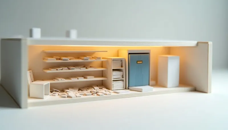 A miniature archive with an overflowing unsorted memory shelf beside a second shelf fitted with a sorting rack and retention stamp, the sorting rack in glowing blue acrylic, showing memory needing a policy, not just more room.