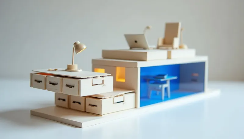 A miniature library with a conveyor of index drawers jammed with torn duplicate cards before reaching the reading desk, the desk in glowing blue acrylic, showing a knowledge base too messy for retrieval to work.