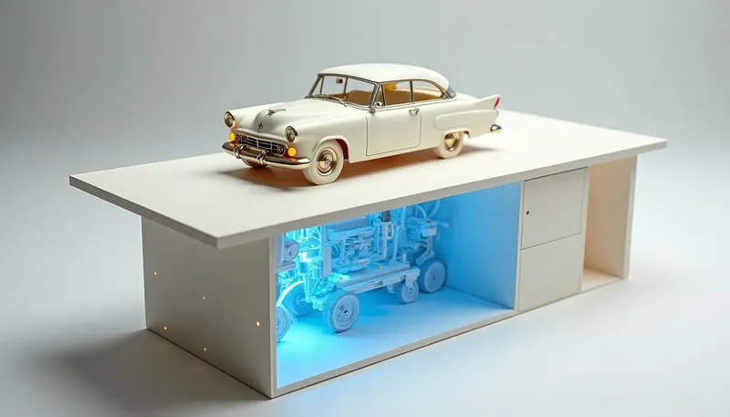 A miniature model with a shiny painted shell sitting over an open chassis missing its internal gearwork, the empty cavity outlined in glowing blue acrylic, showing a working demo as the shell, not the finished machine.