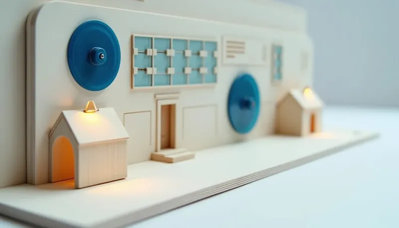 A miniature dispatch board where a booking wheel schedules house tiles into route slots wired to a coin-drop till, both in glowing blue acrylic, showing bookings and payment running through one platform.