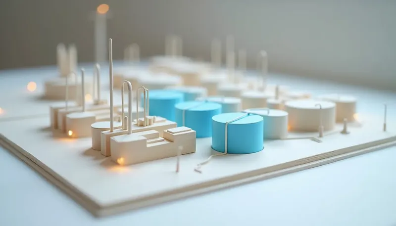 A miniature petroleum yard of storage tanks wired to a central monitoring post that raises a warning flag before a leak appears, the post in glowing blue acrylic, showing problems caught before they happen.