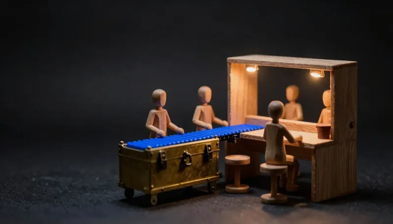 A wheeled rented toolbox with one worker faces a built-in workbench with three permanent workers, linked by a glowing blue belt, contrasting agency staffing with an in-house team.