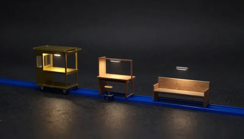 Three worker setups of increasing size, a rolling cart, a lone desk, and a fixed three-person bench, sharing one glowing blue power rail, comparing agency, freelancer, and in-house staffing.