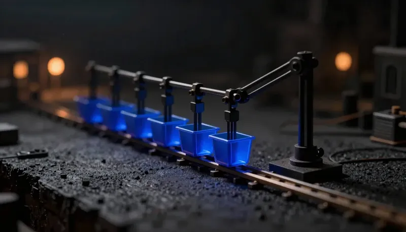 A row of identical stamping presses sits next to one flexible robot arm glowing blue, showing the difference between a machine that repeats one motion and one that decides where to reach.