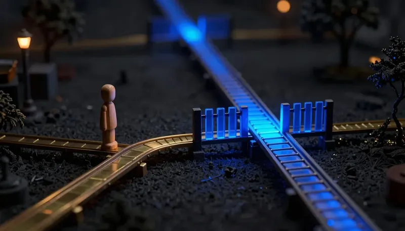 A free figurine choosing between branching brass paths sits beside a rigid straight conveyor track, both carrying glowing blue tokens, contrasting flexible agents with fixed workflows.