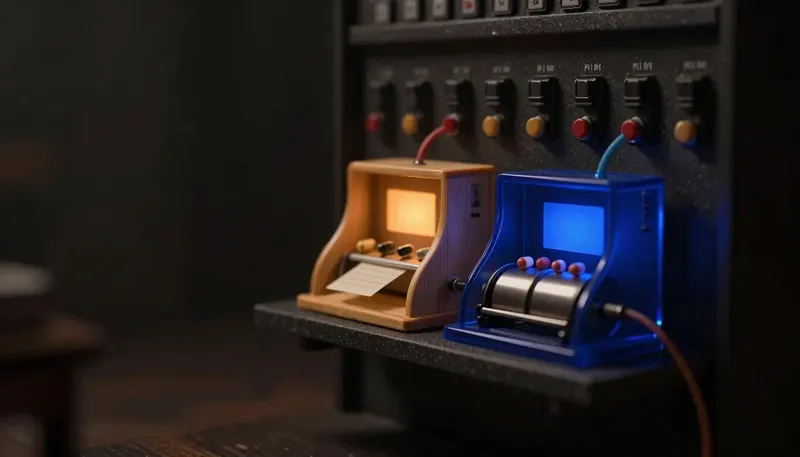 Two message terminals sit side by side, the one wired to an automatic sorting drum glowing blue — showing a system that routes calls instantly instead of leaving a note for someone to read later.