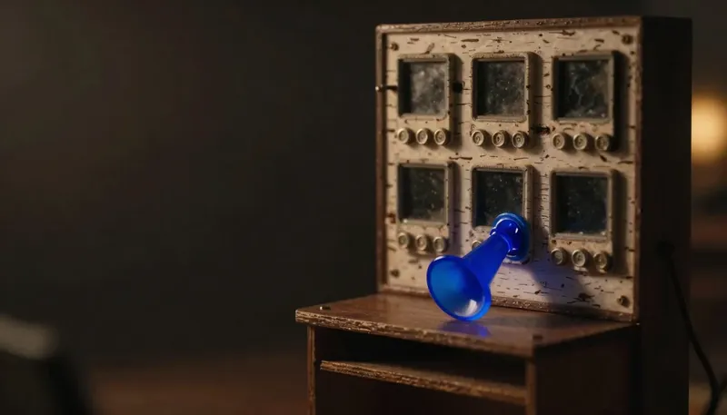 A numbered push-button panel with dead-end slots sits beside a single glowing blue listening horn that leads straight to an open desk, showing routing by keypress versus routing by understanding.
