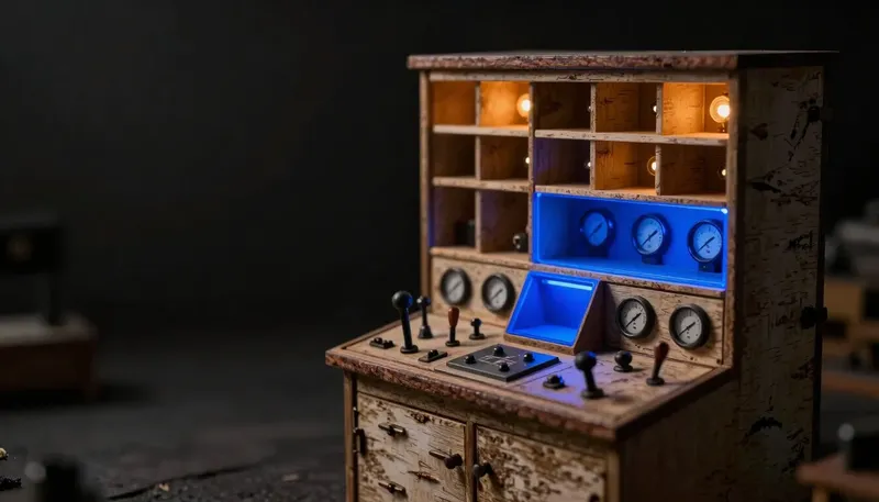 A simple card-index cabinet stands next to a fitted control console with its own glowing blue dispatch chute, showing a spreadsheet-like tool beside a system built to run the whole operation.