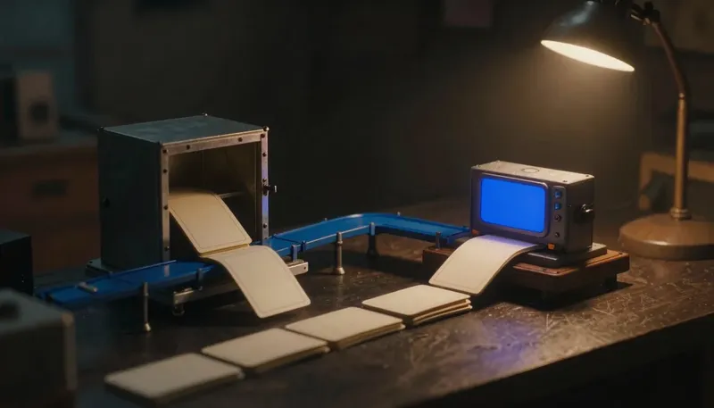 Miniature night diorama: two rival mechanisms on a desk of policy binders — a sealed cabinet and an open document rail threading pages between two carousels, the rail cobalt