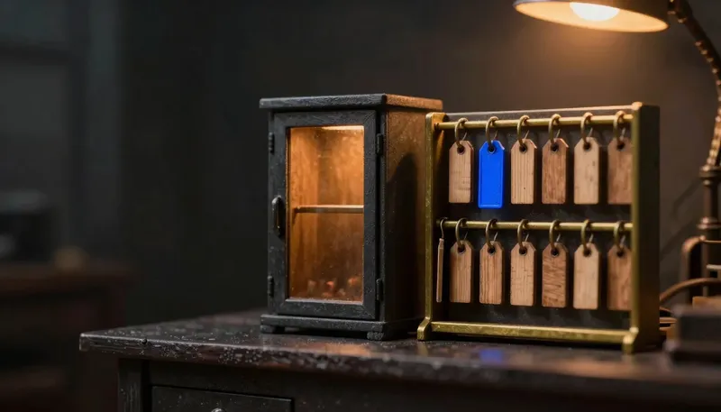 Miniature night diorama: two rival mechanisms beneath a key wall of tags — a sealed cabinet and an open maintenance-ticket rail to a lit model house row, the rail cobalt