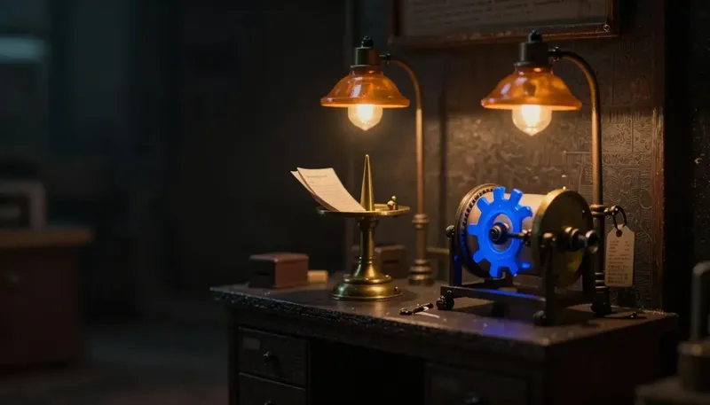 Miniature night diorama: a message spike beside a turning booking drum with a key tag, the ratchet glowing cobalt.